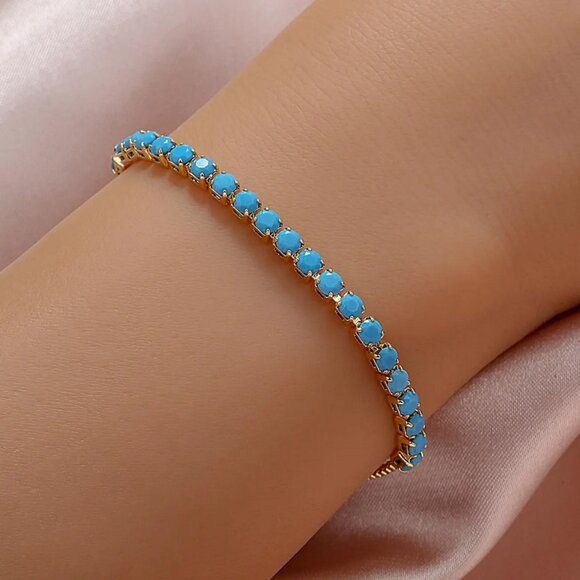 14K Gold Womens Adjustable Turquoise Gemstone Tennis Bracelet Ladies New Jewelry - Picture 2 of 6